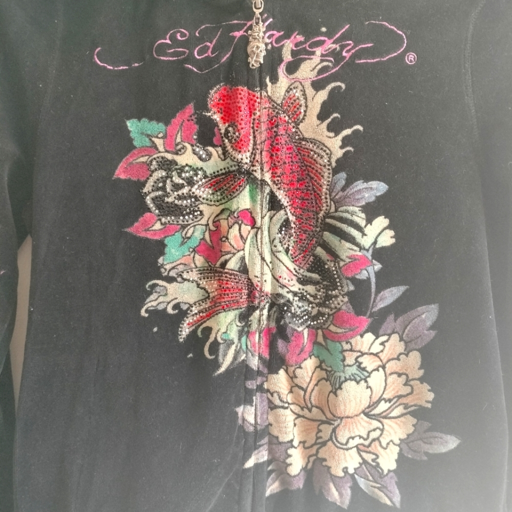 Ed Hardy Vintage Koi Fish Decal Velour Hoodie Size Med